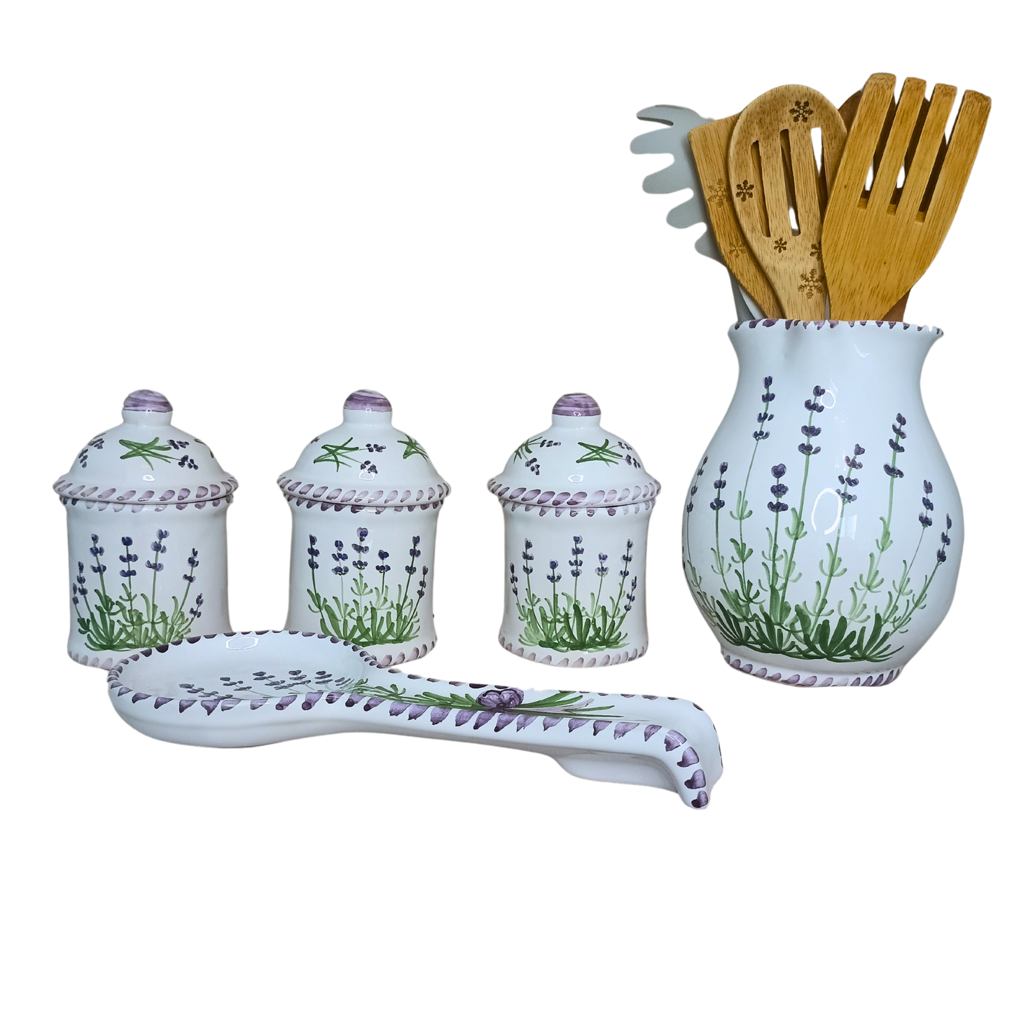 Set cadou bucatarie din ceramica pictata manual format din 3 recipiente depozitare, carafa si suport lingura - lavanda